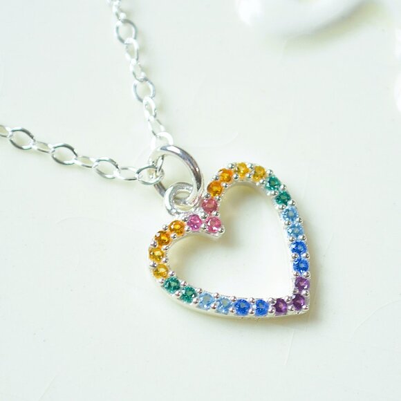 Rainbow Heart Necklace for Girls with Cubic Zirconia - Picture 2 of 10